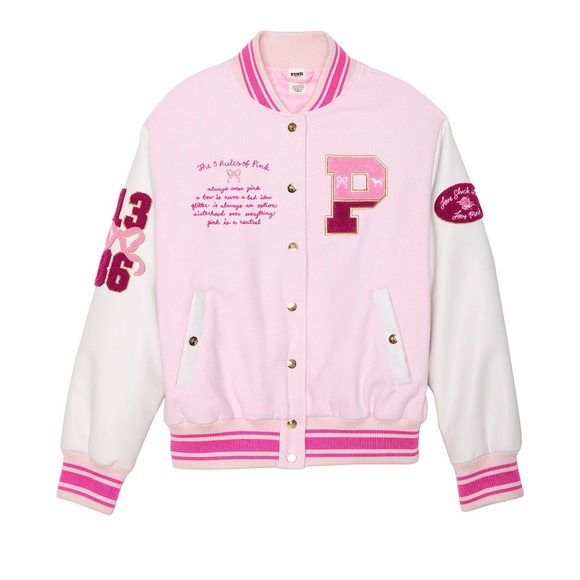 Love Shack Fancy x VS PINK Varsity Jacket pink reissued boyfriend medium - Picture 3 of 8